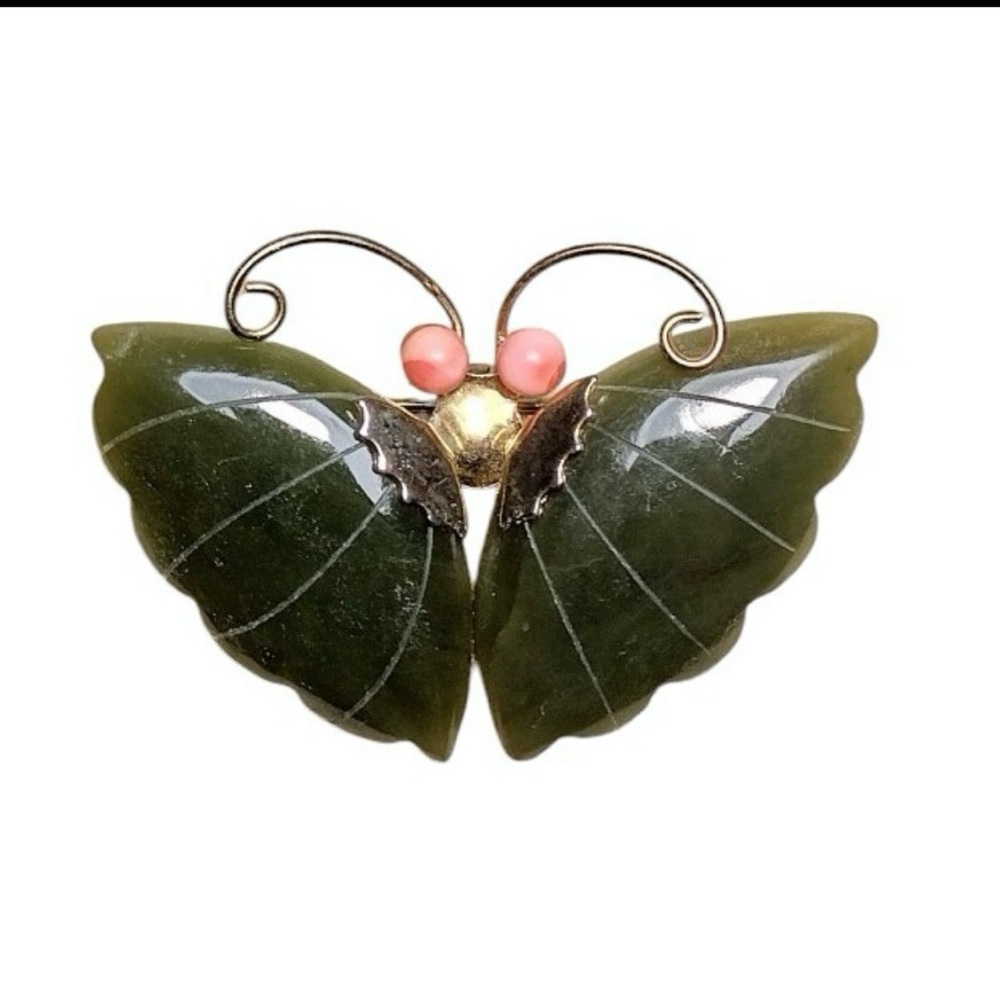 Vintage Green Jade Carved Butterfly with coral eyes can be pendant or Brooch